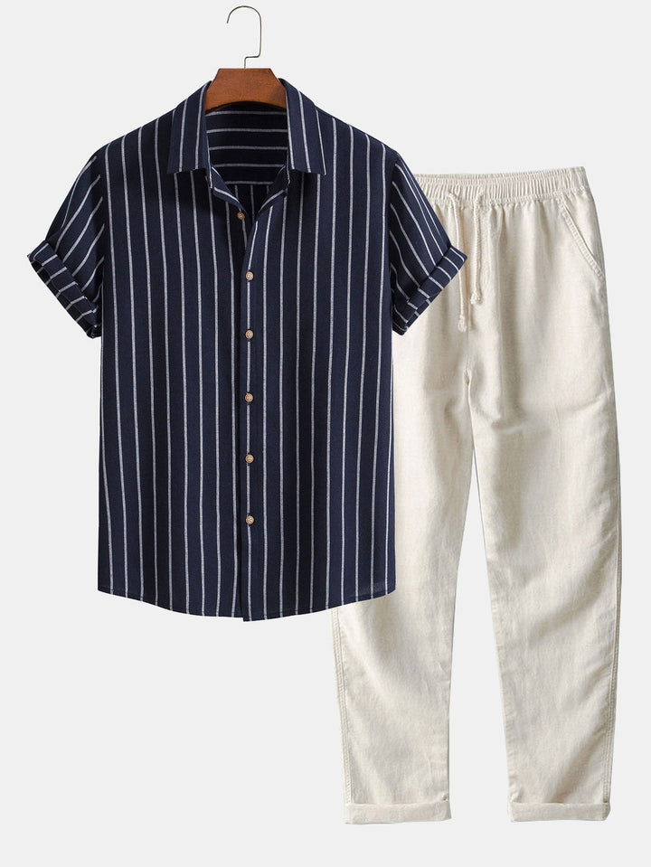 Henrique - Conjunto Camisa de Botão em Algodão com Listras
