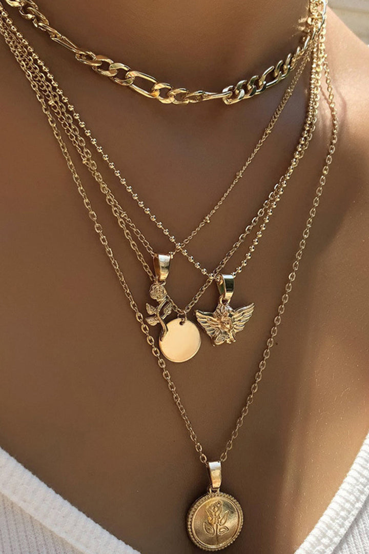 Colar Rosa em Camadas com Pingente de Anjo