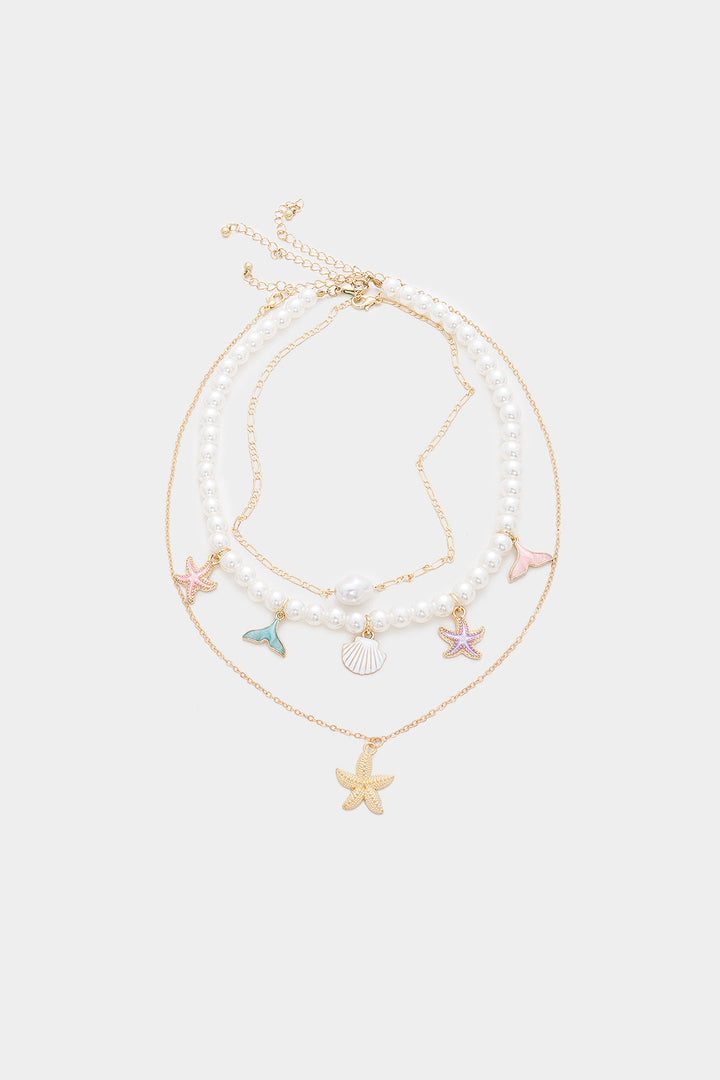 Conjunto de Colar com Pendente em Camadas de Estrela do Mar e Conchas