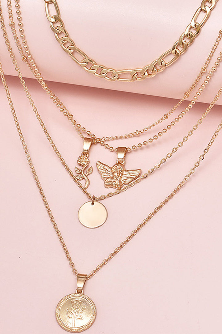 Colar Rosa em Camadas com Pingente de Anjo