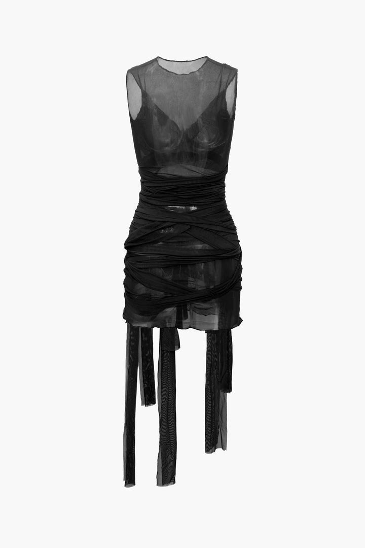 Nilda – Vestido Mini de Malha Transparente com Detalhe em Laço