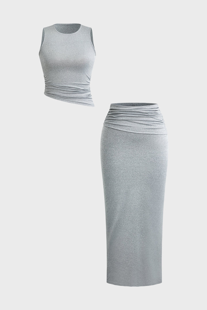 Vanessa- Conjunto Top Sem Mangas Pregas & Saia Maxi Abertura