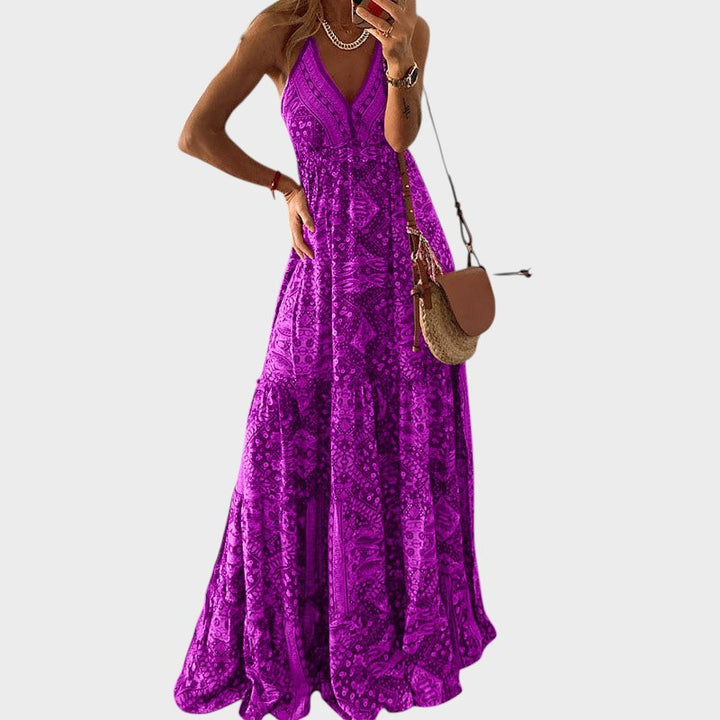 Fernanda - Vestido Longo Boho Com Alças Finas e Decote Em V