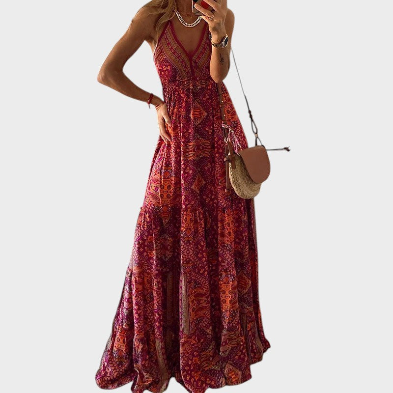 Fernanda - Vestido Longo Boho Com Alças Finas e Decote Em V