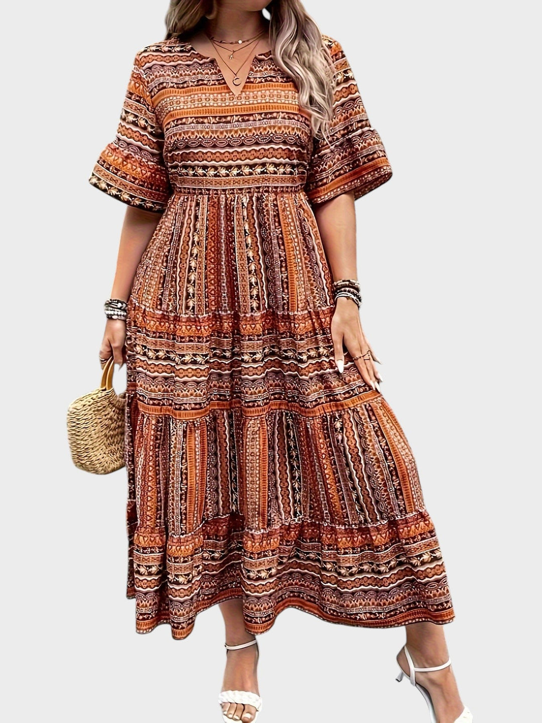 Huelva - Vestido Boémio Elegante Com Padrão Étnica