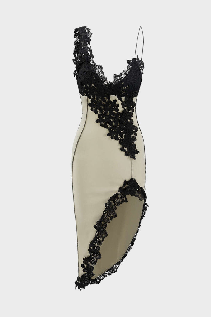 Alexandra - Vestido Médio Assimétrico com Rendas e Painéis Elegantes