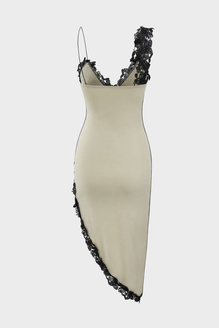 Alexandra - Vestido Médio Assimétrico com Rendas e Painéis Elegantes