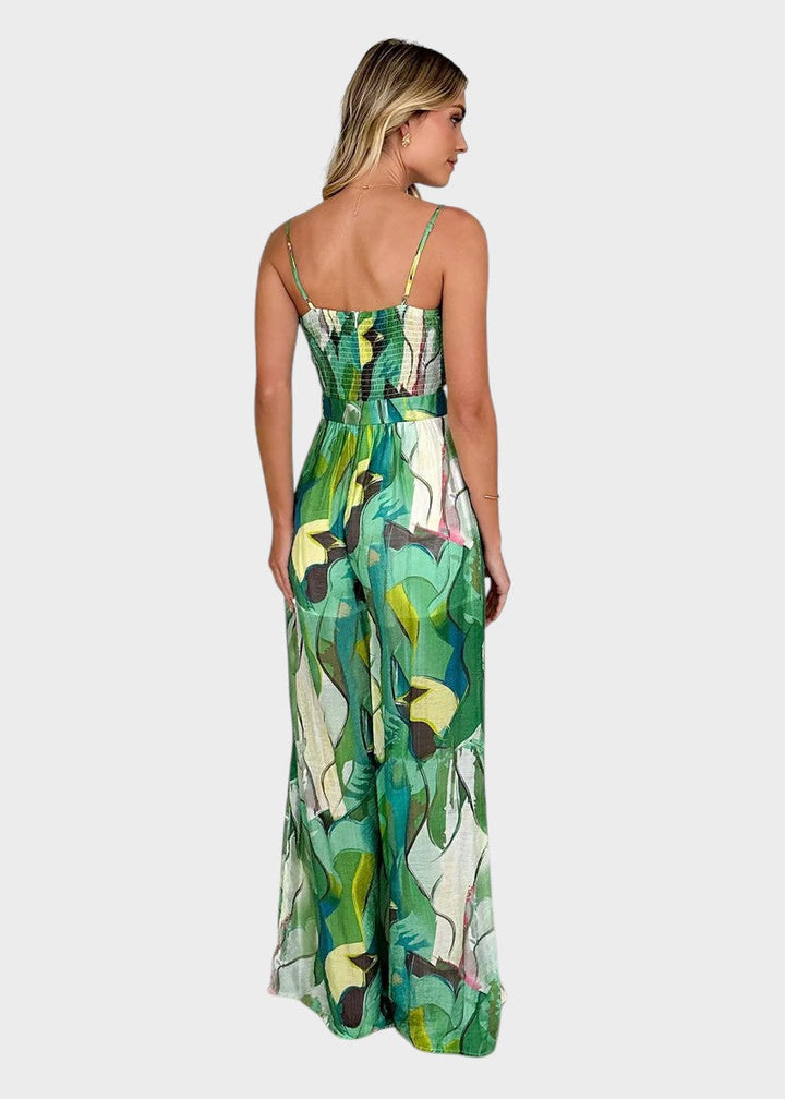 Ema - Vestido Longo Com Padrão e Alças Finas